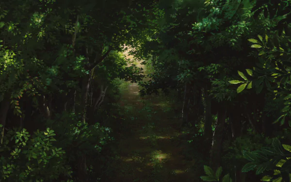 A serene forest path bathed in soft light, inspired by the enchanting visuals of the anime Spirited Away. This HD wallpaper captures a magical, tranquil atmosphere.