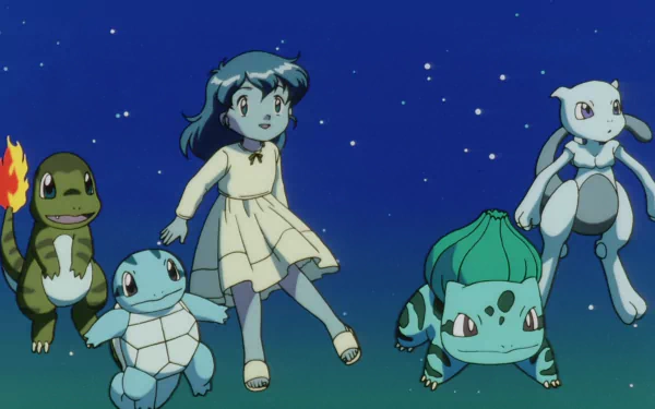 HD desktop wallpaper featuring starter Pokémon Charmander, Squirtle, Bulbasaur, alongside Mewtwo and a girl in anime style from Pokémon: The First Movie.