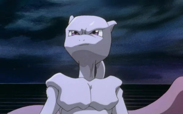 HD PC desktop wallpaper featuring Mewtwo from the anime Pokémon: The First Movie against a dark, cloudy night sky.