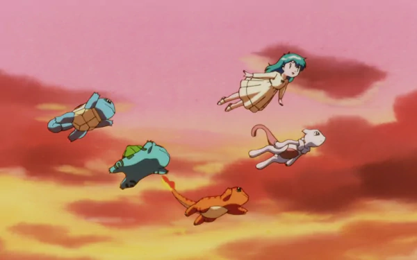 HD PC desktop wallpaper featuring Mewtwo, Ambertwo, Charmander, Bulbasaur, and Squirtle flying together against a vibrant sky from Pokémon: The First Movie anime.