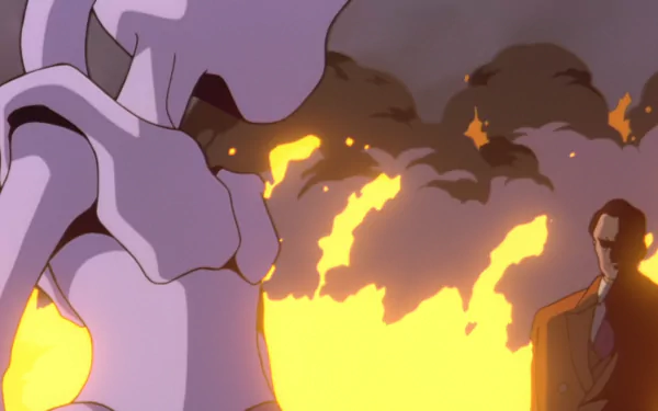 HD desktop wallpaper featuring Giovanni and Mewtwo from Pokémon: The First Movie with a fiery background in anime style.