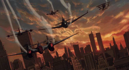 HD anime desktop wallpaper featuring an intense aerial battle scene from Cowboy Bebop against a dramatic city skyline at sunset.