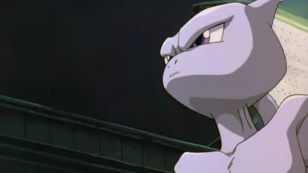 HD PC desktop wallpaper featuring Mewtwo from the anime Pokémon: The First Movie, showcasing its intense and determined expression against a dark background.