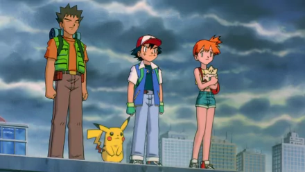 Ash Ketchum, Misty, Brock, and Pikachu stand together against a dramatic sky, capturing a moment from Pokémon: The First Movie, featuring iconic characters and vibrant anime style.