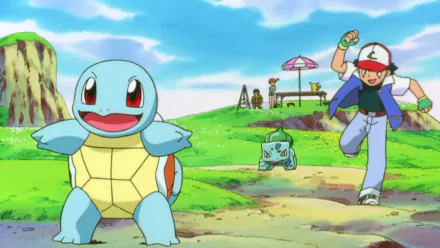 HD desktop wallpaper featuring Ash Ketchum, Misty, Brock, Pikachu, Bulbasaur, and Squirtle from Pokémon: The First Movie in a vibrant anime scene.