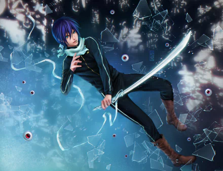Yato from Noragami depicted in a dynamic pose with a sword, set against a backdrop of shattered glass and an ethereal blue aura, creating a stunning HD anime wallpaper.