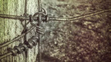 Close-up of rusted wire fence knotted around a weathered wooden post — man-made detail in a 5K Ultra HD PC desktop wallpaper background.