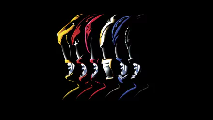 HD PC desktop wallpaper: stylized lineup of five Mighty Morphin Power Rangers helmets from Mighty Morphin Power Rangers: The Movie in yellow, red, black, white and blue against a black background.