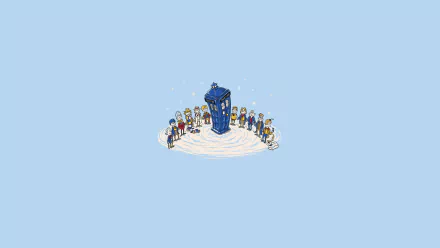 HD desktop wallpaper featuring the TARDIS surrounded by various Doctor Who (2005) characters against a light blue background.