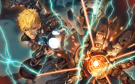 HD desktop wallpaper featuring Genos from the anime One-Punch Man, showcasing him in a dynamic action pose with electrical energy and mechanical enhancements.