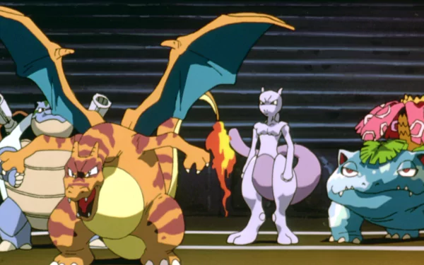 HD PC desktop wallpaper featuring Venusaur, Blastoise, Charizard, and Mewtwo from Pokémon: The First Movie in dynamic anime style.