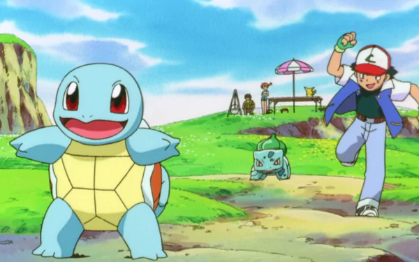 HD desktop wallpaper featuring Ash Ketchum, Misty, Brock, Pikachu, Bulbasaur, and Squirtle from Pokémon: The First Movie in a vibrant anime scene.