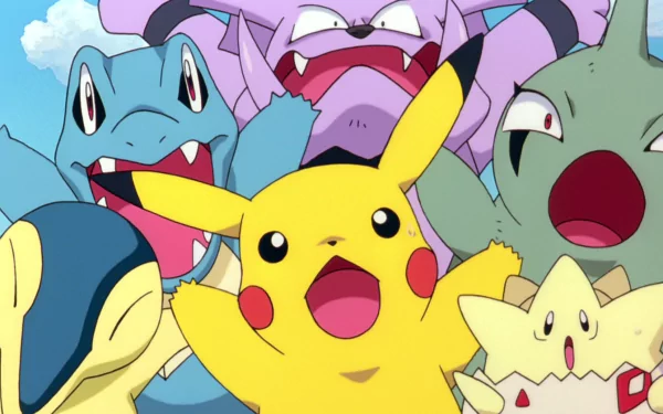 A vibrant HD wallpaper featuring Pikachu, Togepi, Cyndaquil, Larvitar, Granbull, and Totodile from Pokémon, showcasing their playful expressions against a bright sky.