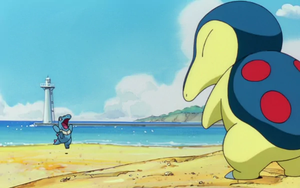 HD anime wallpaper featuring Totodile and Cyndaquil Pokémon characters on a sandy beach with a lighthouse and blue sky in the background.
