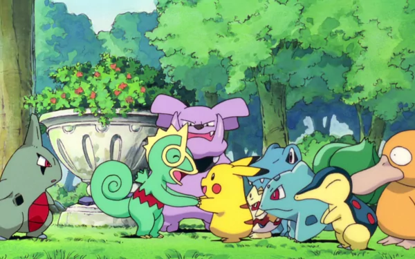 A vibrant HD wallpaper featuring Pikachu, Psyduck, Cyndaquil, Bulbasaur, Totodile, Togepi, Granbull, Kecleon, and Larvitar amidst a lush green backdrop in a Pokémon anime scene.