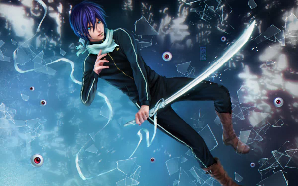 Yato from Noragami depicted in a dynamic pose with a sword, set against a backdrop of shattered glass and an ethereal blue aura, creating a stunning HD anime wallpaper.