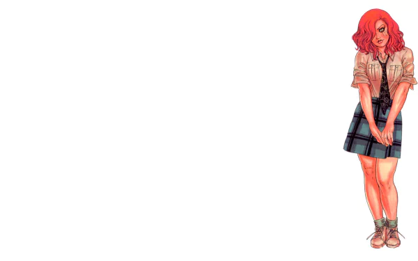 Comic-style Dawn (Comics) HD PC desktop wallpaper and background: red-haired Dawn in a jacket and plaid skirt stands at the right against wide white space.