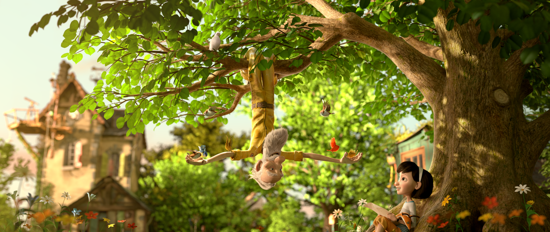 HD PC desktop wallpaper from the movie The Little Prince, featuring a girl sitting under a lush green tree as a small figure hangs upside down from a branch.