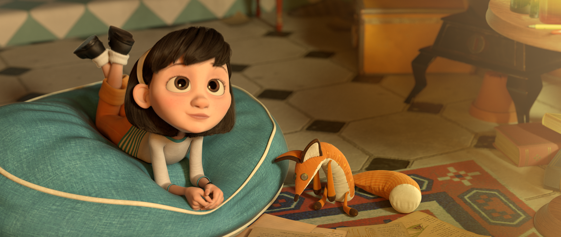 HD PC desktop wallpaper and background from the movie The Little Prince: a girl lounges on a teal cushion, gazing up beside a small fox toy on a patterned rug.