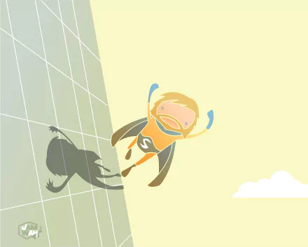 A colorful comic-inspired HD desktop wallpaper featuring a superhero, Sentry, soaring against a light sky, with a playful shadow cast on a building.