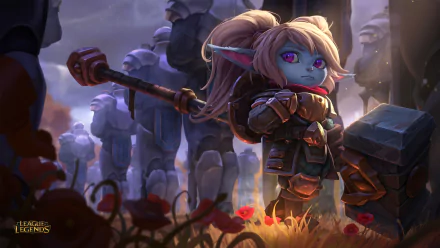 A vibrant HD wallpaper featuring Poppy from League of Legends, sporting pointed ears and wielding a large hammer, set against a backdrop of stone statues and blooming poppies.