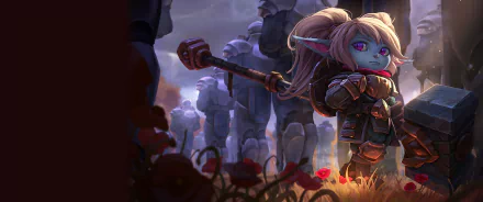 Poppy from League of Legends stands confidently in the foreground, holding her hammer, surrounded by stone figures and poppies, creating a vivid HD background for fans of the game.