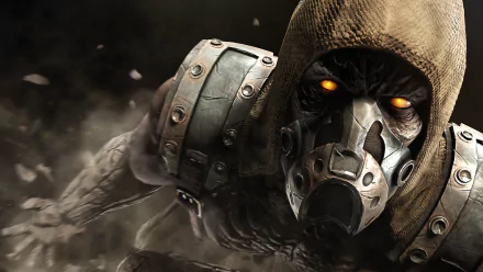 HD wallpaper of Tremor from Mortal Kombat X featuring a ninja with orange, glowing eyes, wearing a mask and hood. The image has a gritty and intense atmosphere, typical of the Mortal Kombat video game series.
