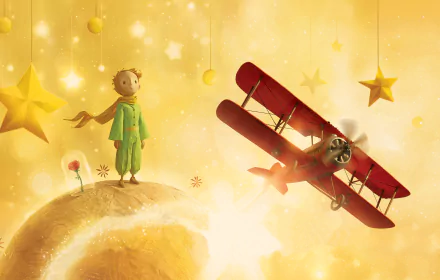 A whimsical HD wallpaper from The Little Prince, featuring the title character standing on a planet, gazing at a red biplane flying amid golden stars and a dreamy atmosphere.