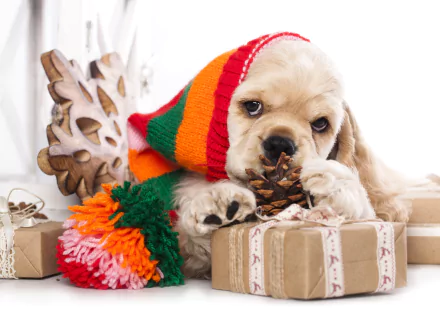 A cocker spaniel puppy wearing a colorful scarf, chewing on a pinecone, surrounded by wrapped gifts in a cozy holiday setting.
