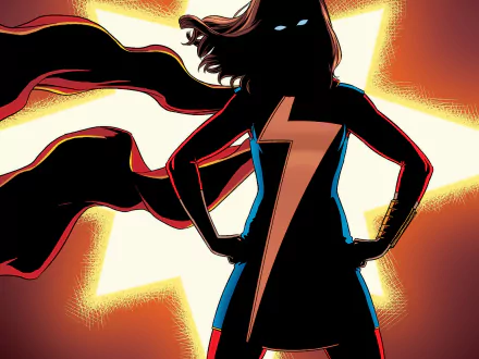 HD comic-style wallpaper featuring a silhouetted Ms. Marvel with her iconic lightning bolt emblem and flowing scarf against a bright background.