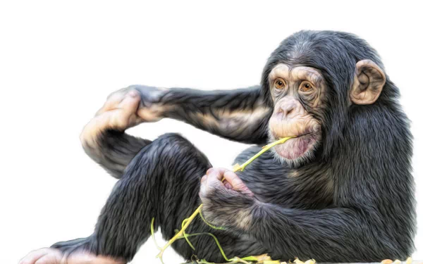 A chimpanzee sitting playfully, munching on a piece of greenery against a white background. This HD image serves as an engaging PC desktop wallpaper and background.