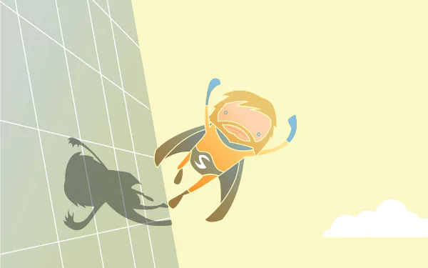 A colorful comic-inspired HD desktop wallpaper featuring a superhero, Sentry, soaring against a light sky, with a playful shadow cast on a building.