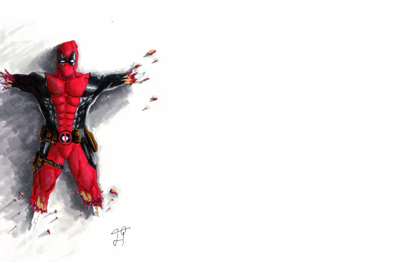 A vibrant 8K Ultra HD desktop wallpaper featuring Deadpool, depicted in a dynamic pose, breaking through a wall with colorful debris surrounding him.