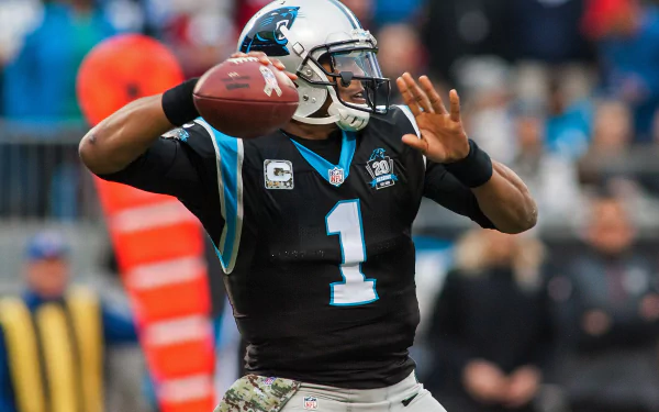 HD desktop wallpaper featuring a Carolina Panthers quarterback in action, preparing to throw a football during a game.