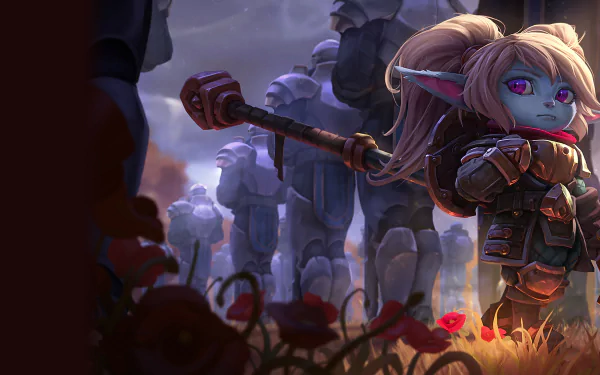 Poppy from League of Legends stands confidently in the foreground, holding her hammer, surrounded by stone figures and poppies, creating a vivid HD background for fans of the game.