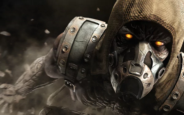 HD wallpaper of Tremor from Mortal Kombat X featuring a ninja with orange, glowing eyes, wearing a mask and hood. The image has a gritty and intense atmosphere, typical of the Mortal Kombat video game series.