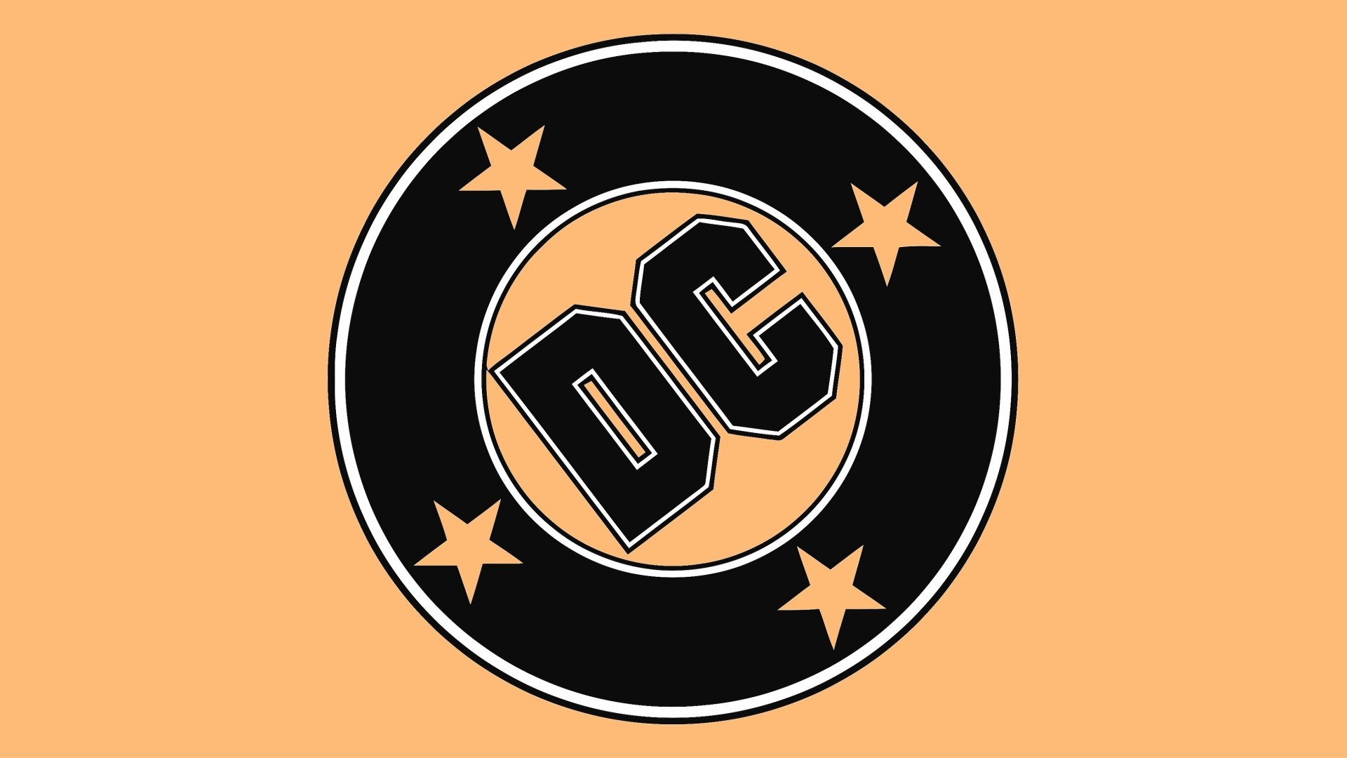 HD PC desktop wallpaper featuring the DC Comics logo with a black circle, four stars, and bold DC letters on an orange background.