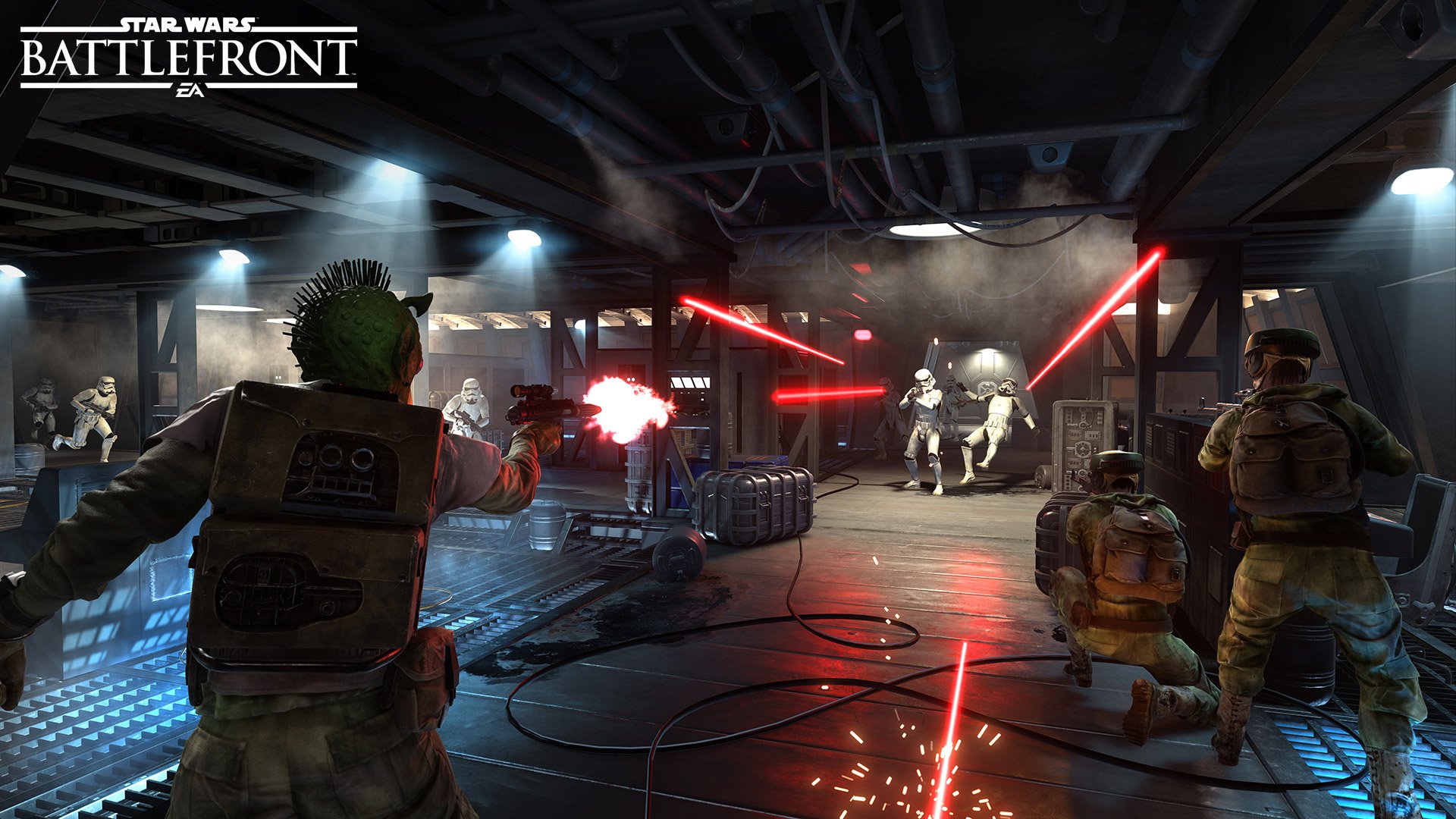HD PC desktop wallpaper from the video game Star Wars Battlefront (2015), depicting an intense firefight inside a dimly lit base with stormtroopers and rebels exchanging blaster fire.