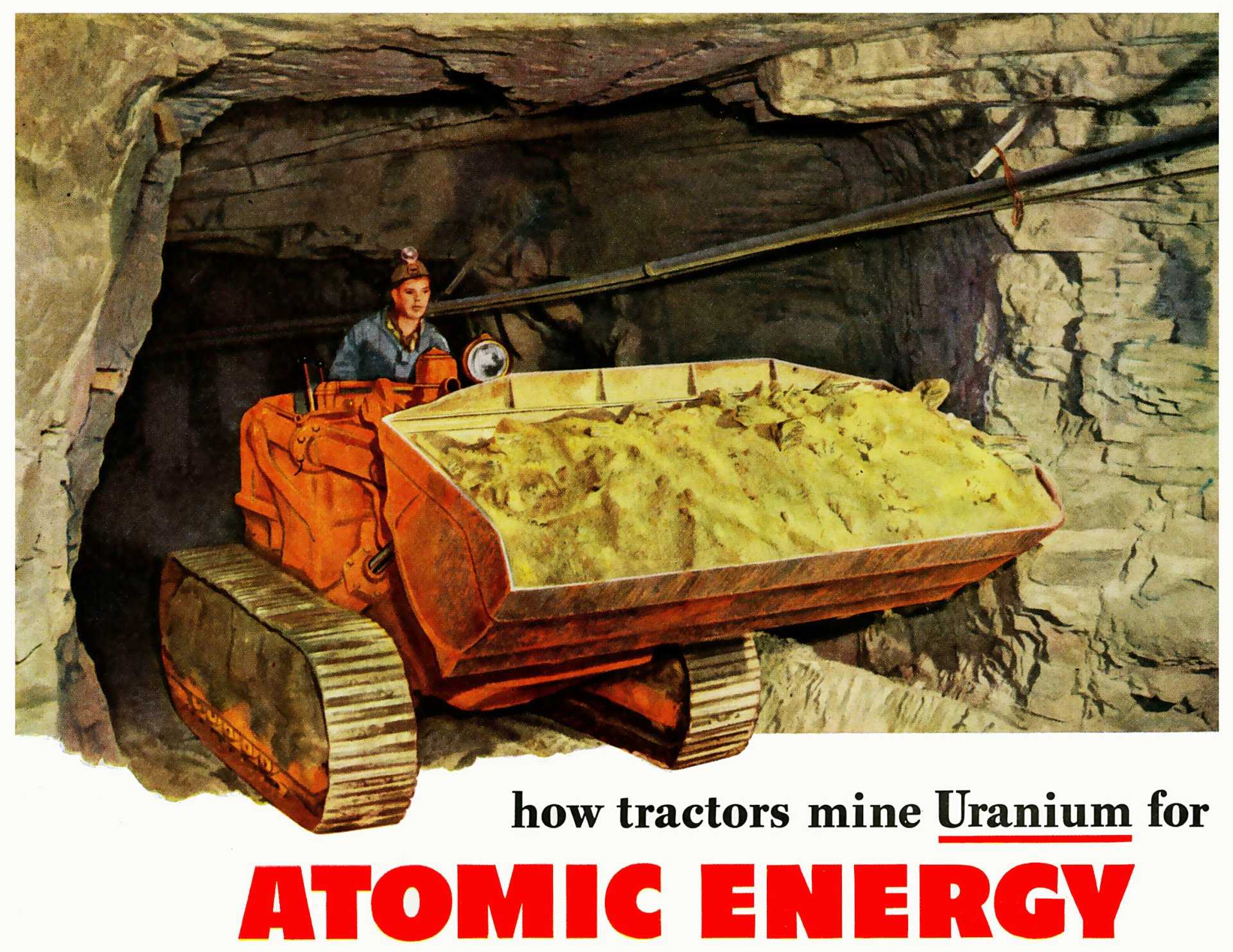 HD desktop wallpaper showing a vintage tractor loaded with uranium ore inside a rocky mine tunnel, highlighting mining operations involving heavy vehicles.