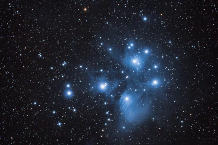 A stunning 4K Ultra HD image of the Pleiades star cluster, showcasing bright stars and cosmic dust in a vivid sci-fi space scene.