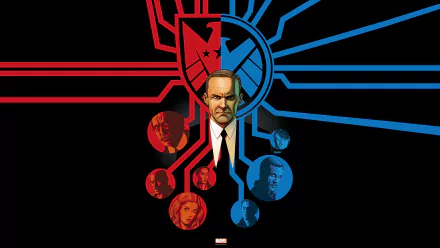 A comic-inspired 8K Ultra HD wallpaper featuring S.H.I.E.L.D. elements, showcasing a central character with a bold, graphic split between red and blue designs.