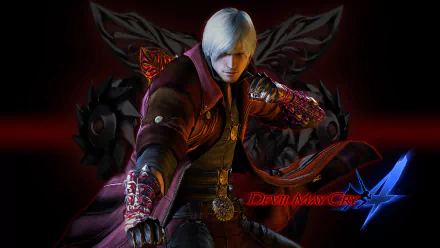 HD wallpaper featuring a character from the video game Devil May Cry 4, showcasing a dynamic pose with elaborate costumes and accessories, set against a dark, detailed background.