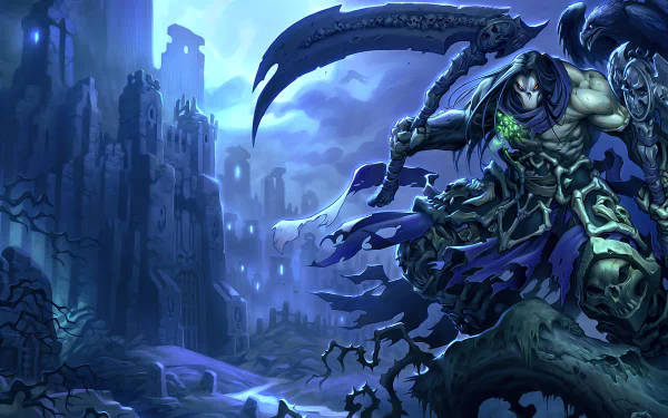 HD PC desktop wallpaper featuring a dark, intense scene from the video game Darksiders with a menacing character wielding a large scythe in a ruined landscape.