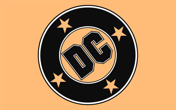 HD PC desktop wallpaper featuring the DC Comics logo with a black circle, four stars, and bold DC letters on an orange background.