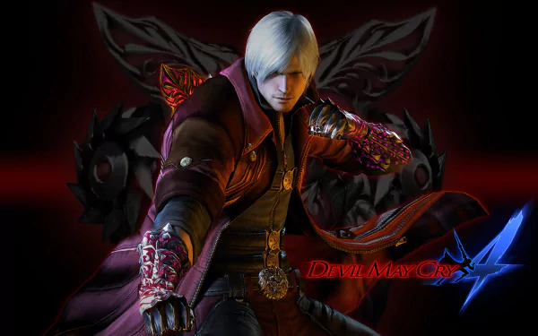 HD wallpaper featuring a character from the video game Devil May Cry 4, showcasing a dynamic pose with elaborate costumes and accessories, set against a dark, detailed background.