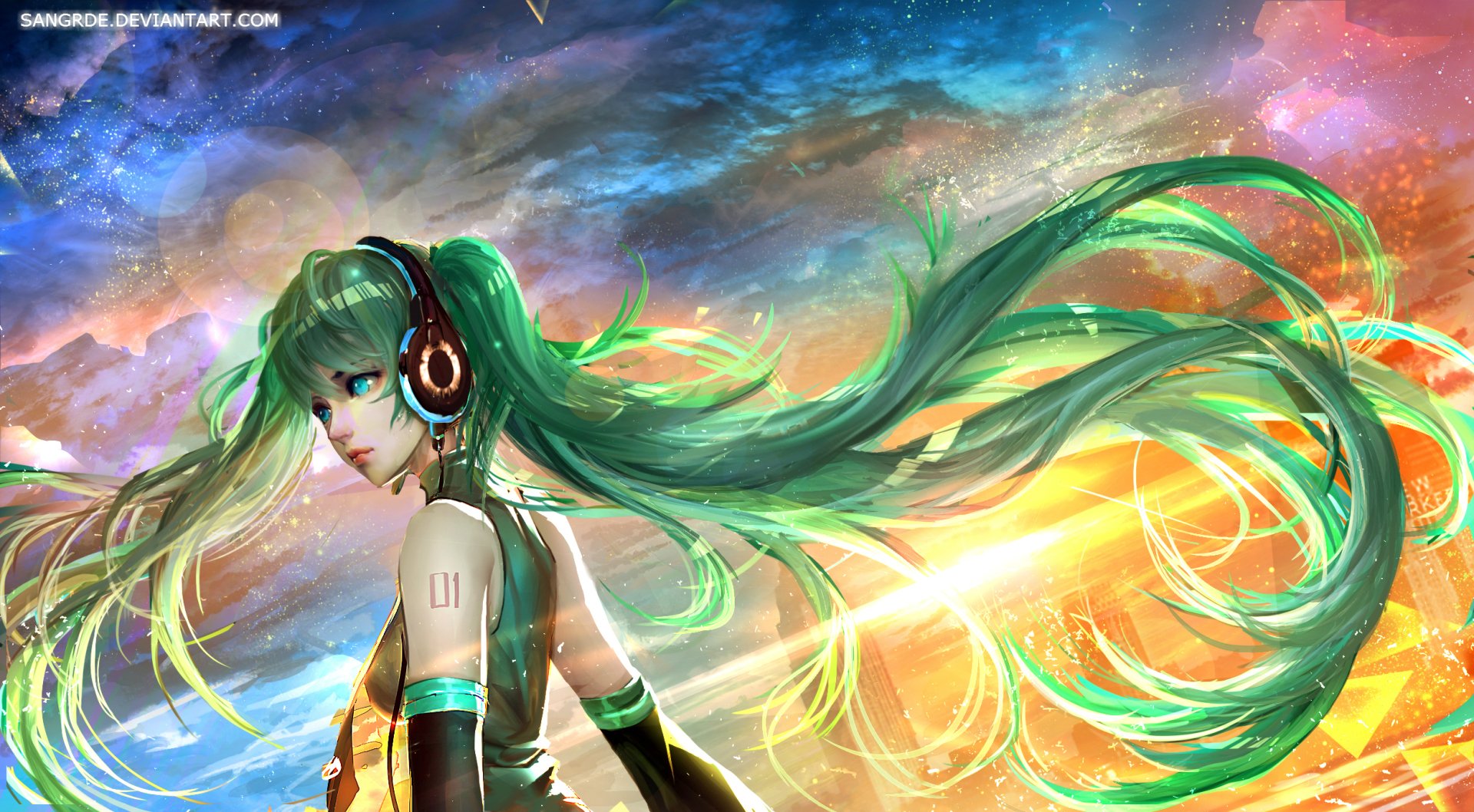 A vibrant HD wallpaper featuring Hatsune Miku, an anime Vocaloid with green hair and blue eyes, set against a colorful cosmic background.