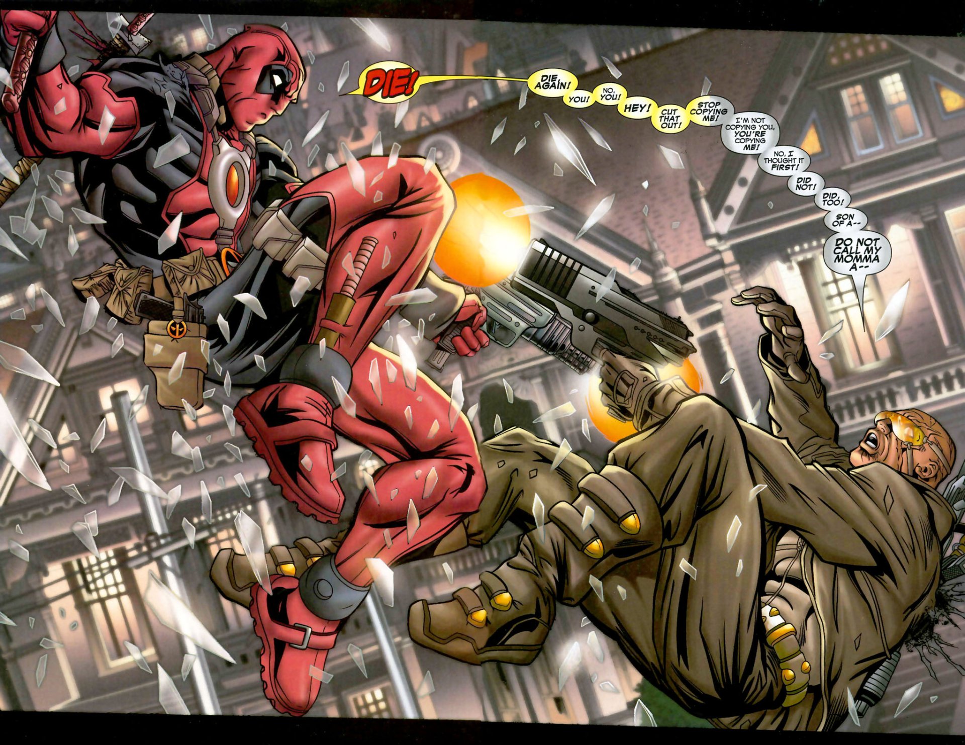 Deadpool, known as the Merc with a Mouth, is featured in this dynamic comic-style HD wallpaper, showcasing an intense action scene with humor and vibrancy.