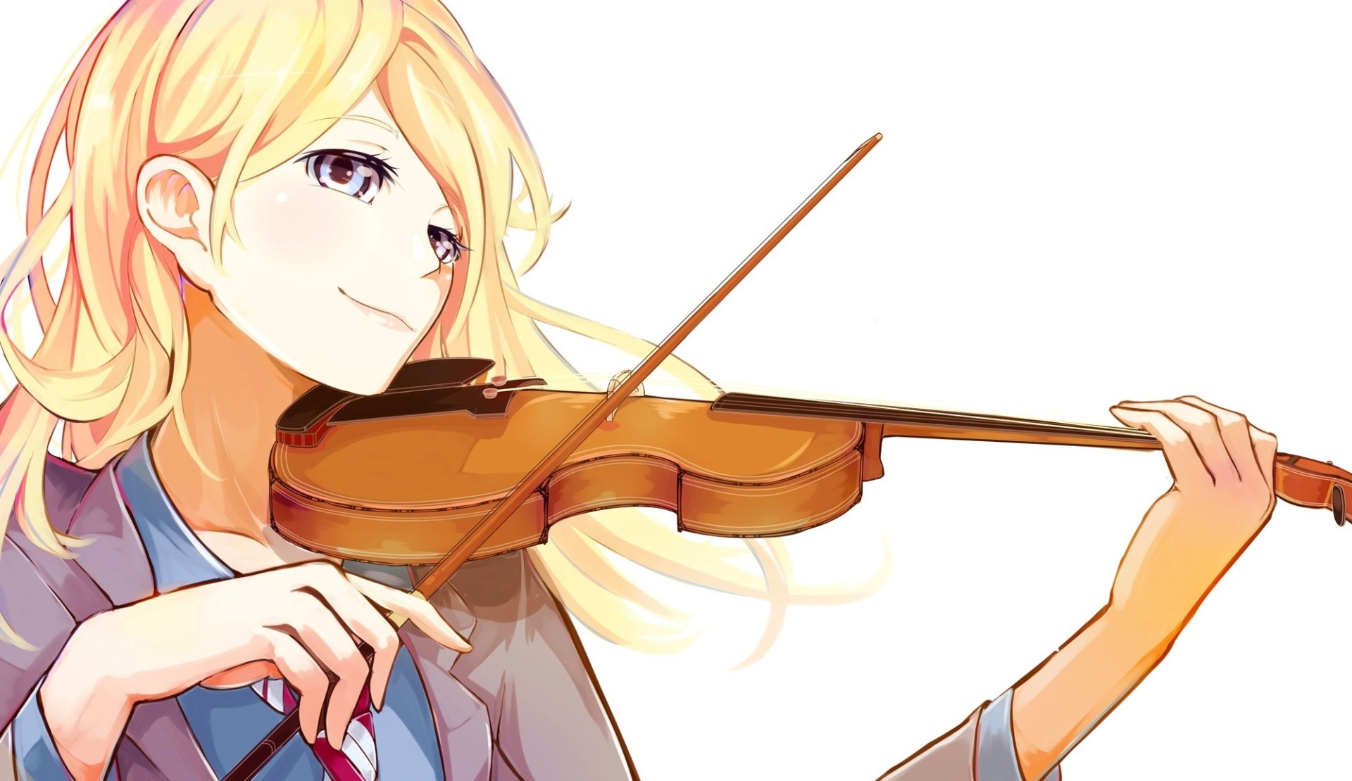 An HD desktop wallpaper featuring Kaori Miyazono from the anime Your Lie in April, showcasing her playing the violin with a joyful expression.