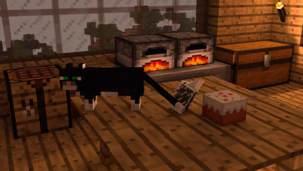 HD desktop wallpaper featuring a Minecraft scene with an ocelot (cat) standing beside a cake and bucket of milk on a wooden floor, accompanied by furnaces and a chest, depicting a cozy in-game house setting.