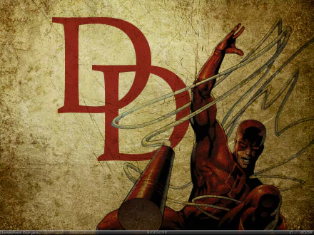 Comic-style Daredevil in a red suit leaping with billy club cords before a distressed DD logo — HD PC desktop wallpaper/background.